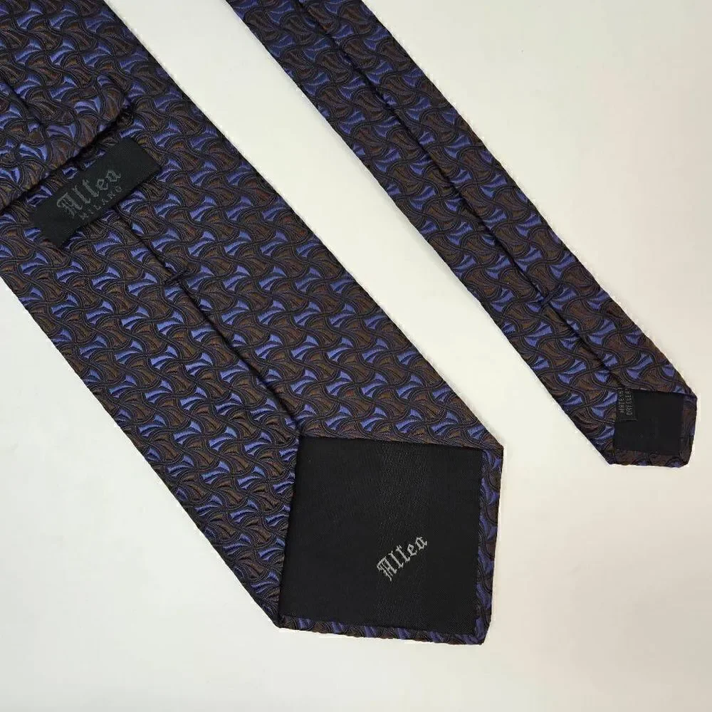 ALTEA MILANO ITALY SILK TIE BLUE BROWN TEXTURED GEOMETRIC PATTERN 4